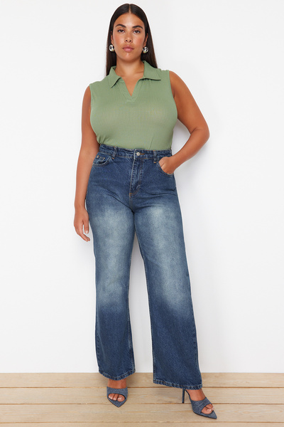 Trendyol Curve Modré džínové kalhoty s širokým pasem - TBBSS24CJ00047