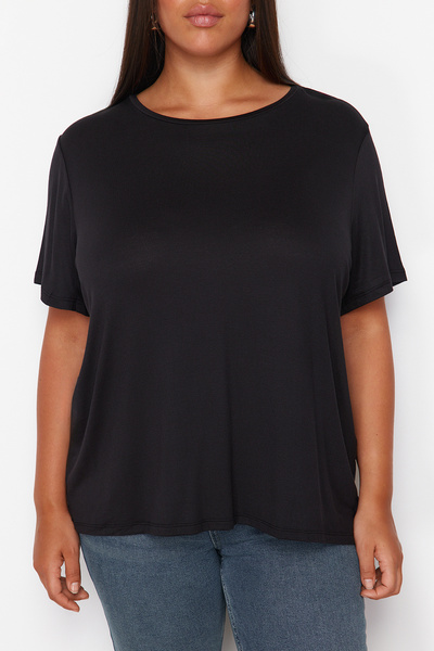 Trendyol Curve Black Basic Crew Neck Knitted Modal Fabric T-Shirt