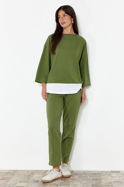 Trendyol Collection Khaki Knitted Blouse and Trousers Set - Relaxed Fit, Woven Garni Detail, TWOSS24AU00069