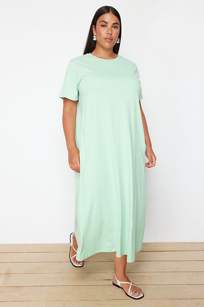Trendyol Curve Mintgrünes gestricktes Midi-T-Shirt-Kleid TBBSS24AH00067