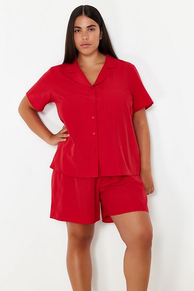 Trendyol Curve Shirt Collar Red Woven Pajamas Set - TBBSS24AI00125