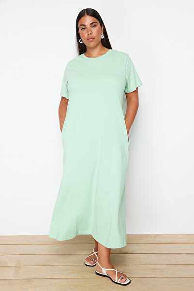 Trendyol Curve Μέντα Μίντι Πλεκτό T-shirt Φόρεμα TBBSS24AH00067