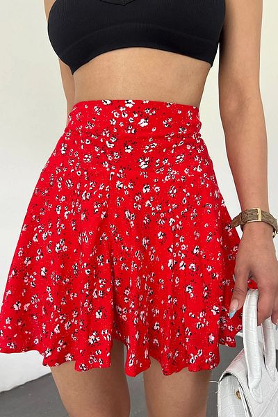 A&O Style Red Viscose Fabric Floral Print Summer Shorts Skirt