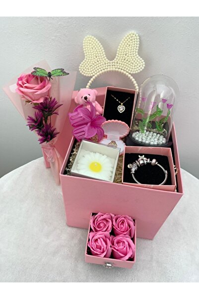 PRİYA JEWELERY Sevgiliye Özel Pembe Hediye Seti, Çelik Set, Gül Ve Kelebek Bu...