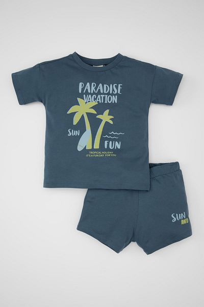 DeFacto 2-Piece Set for Baby Boy - Crew Neck Palm Print Short Sleeve T-Shirt and Shorts C4031A524Sm