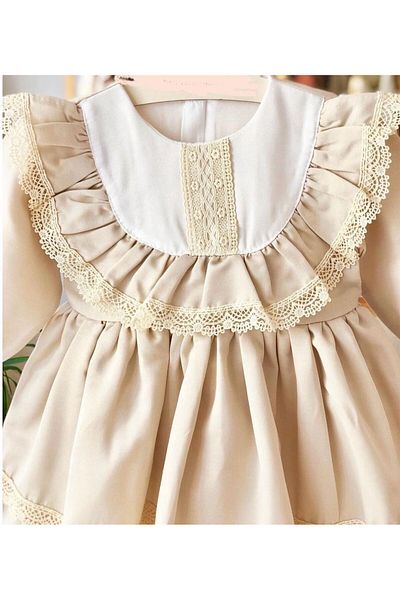 Little Coco Beige Vintage Satin Dress - 100% Cotton, Lining for Special Day Birthday