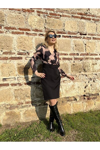 STEPS Black Brown Silk Satin Belted Dress
