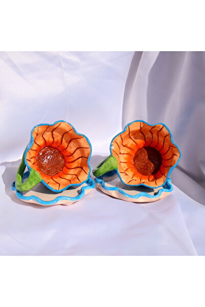 Lily & Loly Ceramics Blue Surprise Flower - Mavi Çiçek El Yapımı Seramik Türk Kahvesi Fincan Seti 2'set ,4 Parça