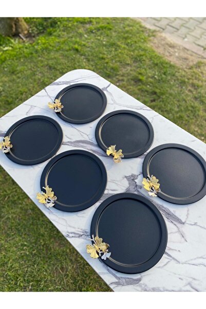 Mira züccaciye 6'lı Gold Kelebekli Yuvarlak Siyah Sunum Tepsisi, Dekoratif Se...