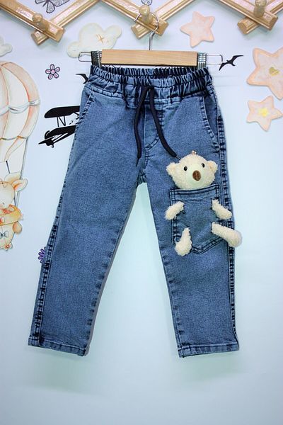 FourClovers Blue Color Boy's Trousers with Teddy Bear and Elastic Waist