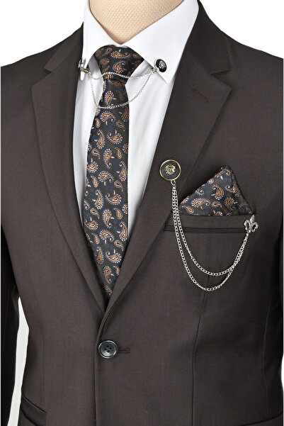 DeepSEA Чоловічий коричневий костюм на подвійному ґудзику з розрізами 2300464