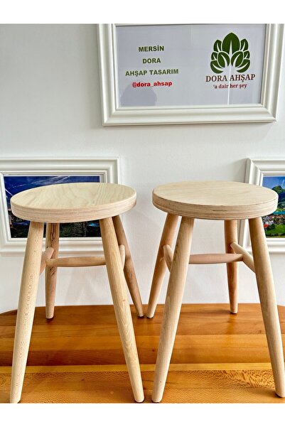 DoraAhsap Yuvarlak 2'li Ahşap Tabure- Ham Ahşap Tabure