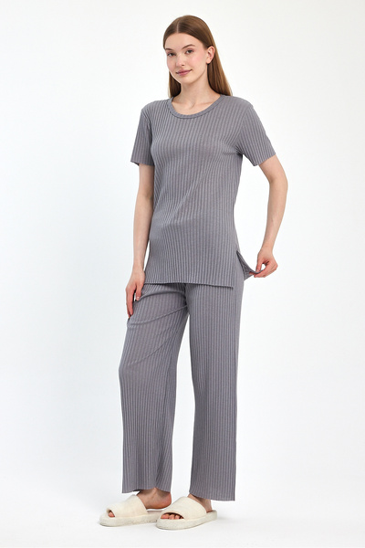 MEBA Gray Corded Women's Seasonal Short Sleeve Thin Fabric Set