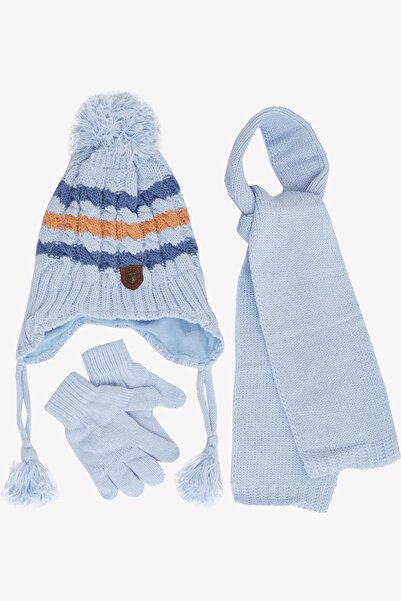 Kitti Erkek Çocuk Atkı Bere Takımı 3 Lü Set Armalı Ponponlu Renkli Örgü Desen...