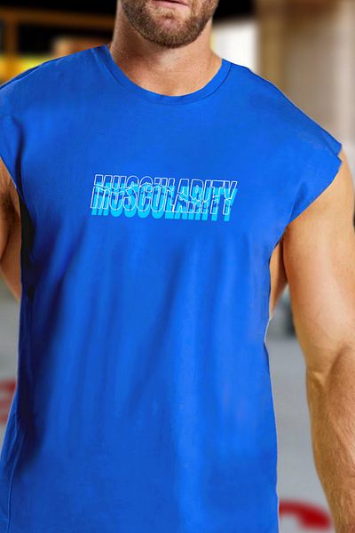 BESSA تي شيرت/تي شيرت رجالي أزرق كبير الحجم برقبة دائرية - مطبوع عليه Muscularity، بدون أكمام