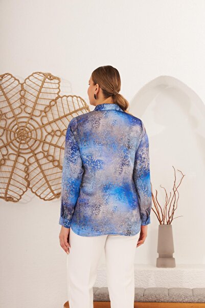 RMG Plus Size Patterned Satin Indigo Shirt