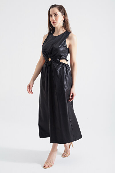 Lafaba Women's Black Low-cut Bright Fabric Textured Midi Dress