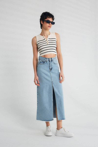 ibutik Blue Robin Denim Skirt - Women's Midi Slit Length