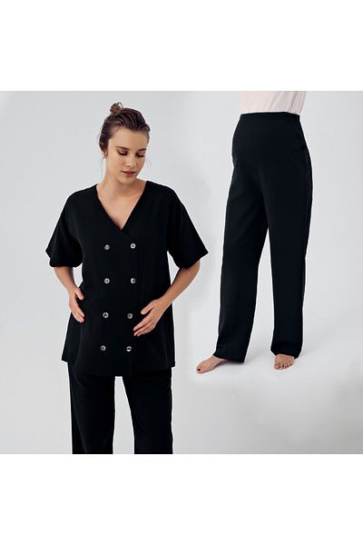 Artış Linen Short Sleeve Oversize Maternity Shirt Adjustable High Waist Pants Set