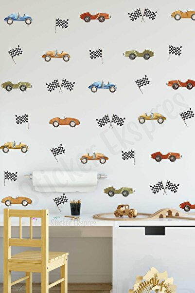 Sticker Ekspres Комплект стикери за стена с коли за детска стая с ретро състе...