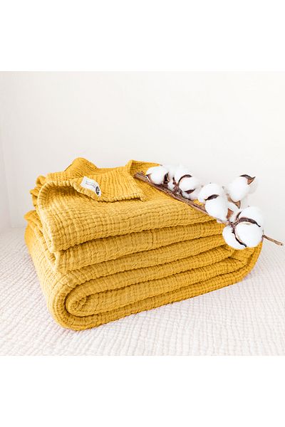 destinyhometex Mustard Μονό 160 Χ 240 εκ. Κάλυμμα κρεβατιού/1 Τεμάχιο 50x70 εκ. Μαξιλάρι 4 στρώσεων Multi Muslin 100% βαμβάκι