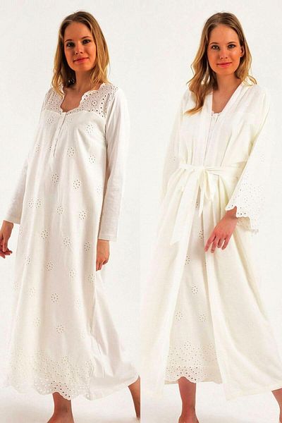 Magic Form Women's Ecru Maternity Cotton Hijab Nightgown Dressing Gown Set