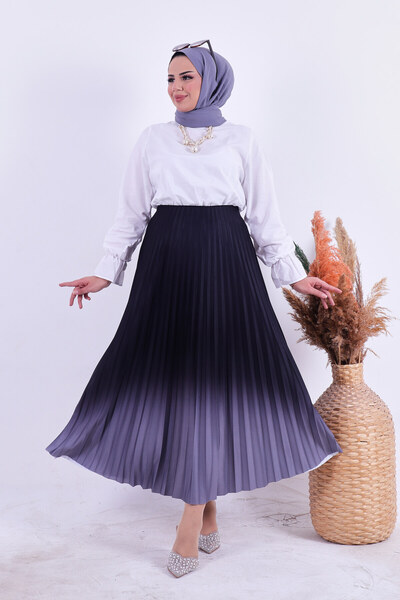 HMT ZEHRA GİYİM 90 cm Length Gray Pleated Summer Skirt - Color Transition Flared Fit