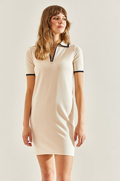 Bianco Lucci Kadın Gömlek Yaka Fermuar Detaylı Kısa Kollu Elbise 20246100