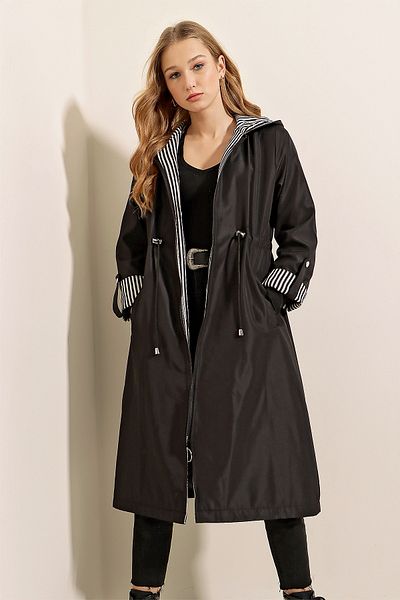 Bigdart Model 9091 - Trench negru cu glugă și cu șnur în talie