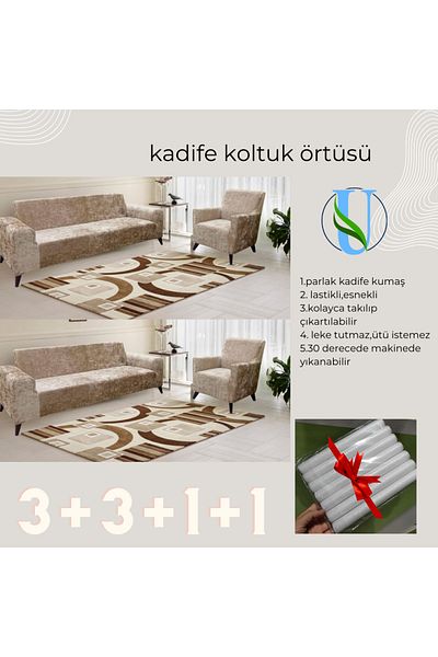 Uy Style Tekstil Комплект диван и канапе от кадифе Uy Style - Калъф за разтегателен диван и калъф за диван 3+3+1+1