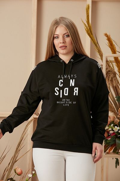 RMG Large Size Black Sweatshirt with Printed Shoulder Detail