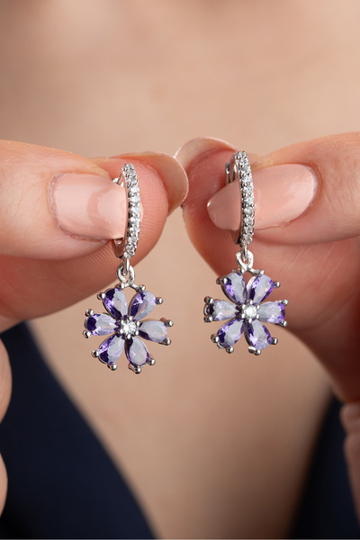 Silvano Jewelry 925 Ayar Gümüş Mor Lotus Çiçeği Küpe