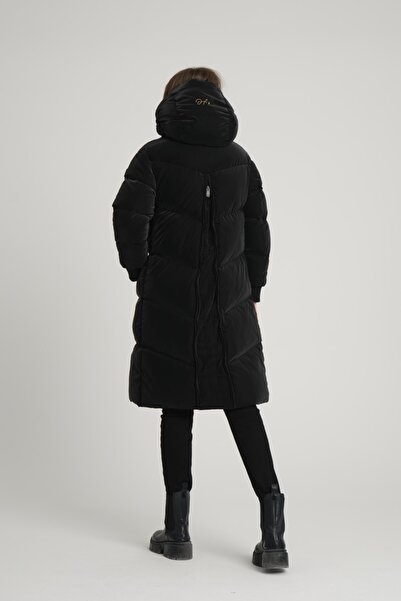 G-FOX Women's Long Fixed Hooded Puffer Jacket with Back Zipper Detail 8695