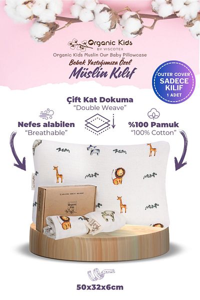 VİSCOTEX Double Layer Muslin Baby Pillowcase, 100% Organic Cotton, Lion Patterned, 50x32x6 cm