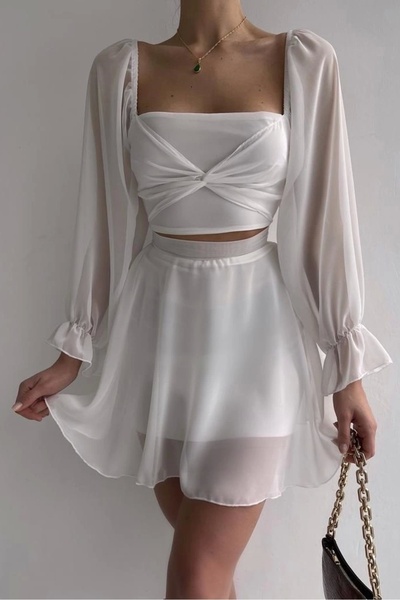 Eka Kadın Beyaz Bel Detaylı Tül Elbise 0990-212045