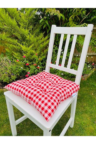 Tropikhome Red Plaid Patterned Cotton Chair Cushion - Square Decorative, 40x40 cm