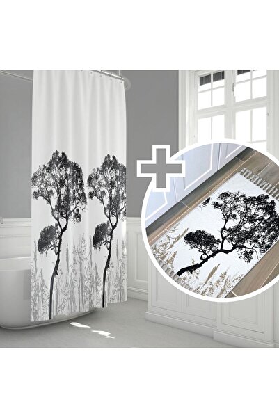 Tropikhome Ağaç Desen Banyo Perde+paspas Seti-kaymaz Taban Kapı Önü Paspas Se...