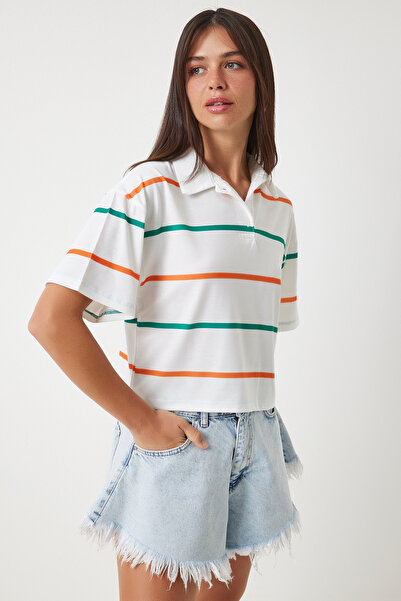 Lovelyİstanbul Μπλουζάκι εκρού πορτοκαλί πόλο με ριγέ Crop Lhf0004