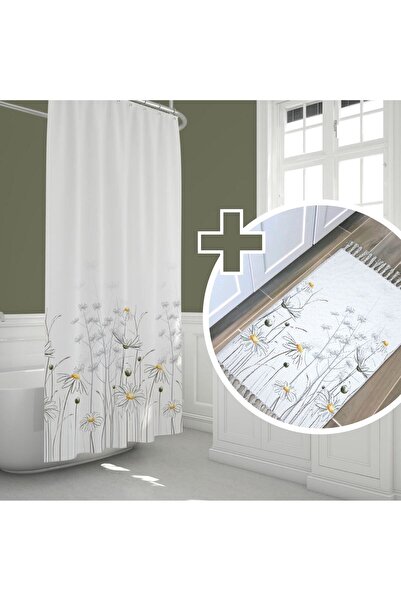Tropikhome Çiçekli Banyo Perde Ve Paspas Seti-papatyalı Banyo Perdesi+banyo P...