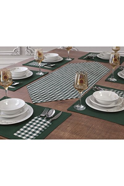 Tropikhome Amerikan Servis Ekose Yeşil 6lı Supla Ve Runner Set Ile 6 Adet Pam...
