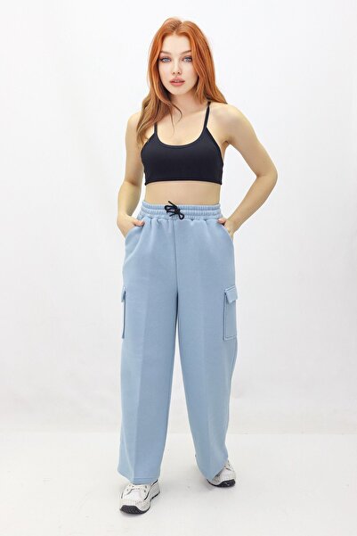 Trend Perisi KADIN 3 İplik Şardonlu Kargo Cepli Kışlık Baggy Eşofman Altı Eşofmanaltıbaggykargo