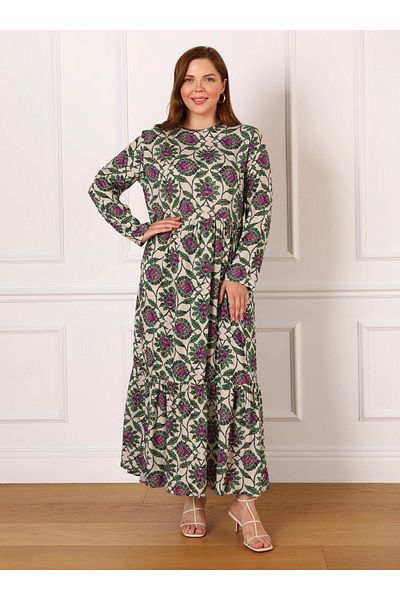 ALİA Plus Size Natural Fabric Floral Patterned Hijab Dress - Fuchsia - Alia