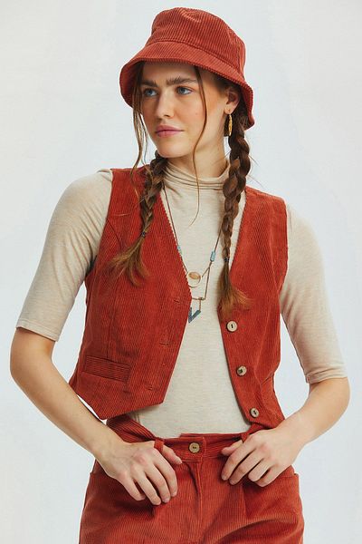 Clandestino Γυναικείο γιλέκο Bohemian Style V-Neck Classic Cut πορτοκαλί