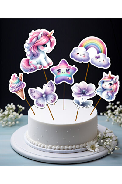 Hiras Dizayn Unicorn ve Gökkuşağı Büyük Boy Pasta Kürdanı Pasta Süsü ve Cupca...