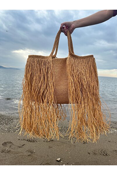 AYDINDOKUMA Saçaklı hasır ip Plaj çantası Püsküllü El kol Çantası Rafya  Büyü...