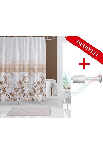 Tropikhome Çiçekli Banyo Perdesi Askı Hediyeli 180x200cm Tek Kanat Duş Perdes...