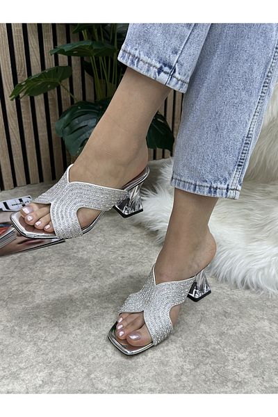 İmerShoes Daily Women's Slippers Silver Jewelled Blunt Toe Thick Transparent Heels Comfortable Sole Lightweight Summer 84