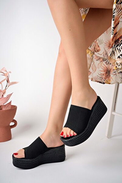 bulutmod Ba04467 Siyah Kadın Delikli Triko Günlük Hasır Dolgu Topuklu Terlik ...