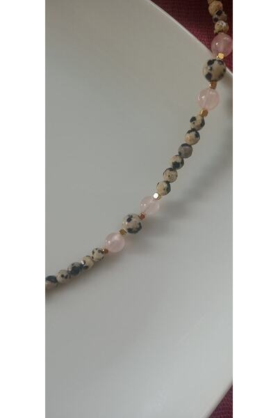 Mudita Tasarım 4/8 Mm Dalmaçya Jasper, 6 Mm Pembe Kuvars Gerçek Doğal Taş Tasarım Kolye