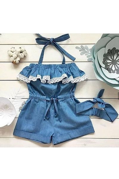 zynkids Salopeta din denim pentru fete cu detaliu din dantela